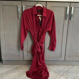NWT DO + BE red silky dress polyester & spandex long sleeve button up